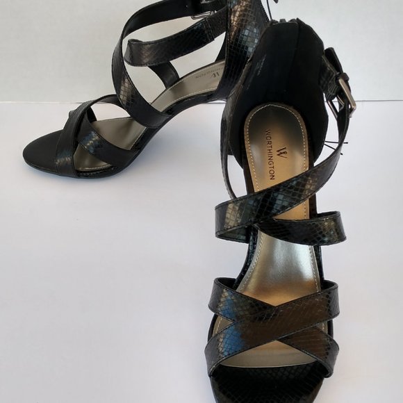Worthington Faux Snake Embossed Faux Leather Strappy Wedge  Worthington Black Strappy High Heeled Sandals Embossed Faux Snake 9.5
